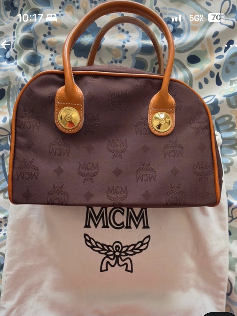 MCM Brown Logo Satchel with Cognac Trim and Gold Hardware